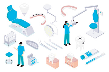 Stomatology 3d isometric mega set in isometry graphic design. Collection elements of patient chair, braces, dentures, lamp, tools, examination mirror, dentist, toothbrush, other. Vector illustration.