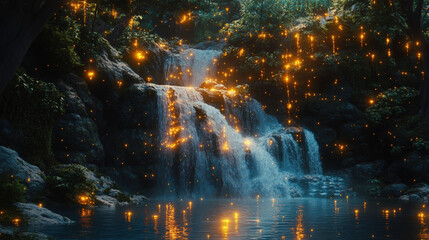 Wall Mural - A waterfall with glowing lights in the background