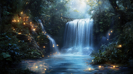 Wall Mural - A waterfall with a stream of water and a few glowing lights in the background