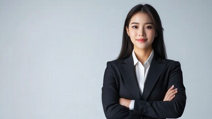 Close up of young Asian businesswoman in a black suit, black long hair, stands with crossed arms, smiling at the camera. Successful beautiful lady isolated on a white background, Portrait person