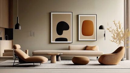 Wall Mural - Modern living room with minimalist furniture including a beige sofa, armchair, ottomans, and abstract art on the wall. The room features warm tones and subtle lighting.