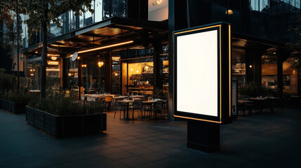 Poster - Empty illuminated outdoor advertising billboard at night in front of a modern restaurant with large windows, tables, and chairs, creating a cozy ambiance.