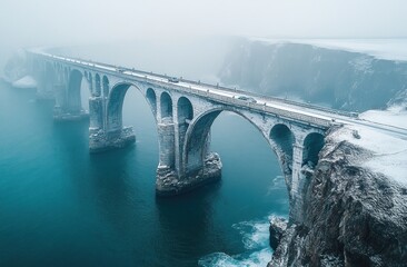 Poster - Bridge Over a Snowy Mountain Landscape