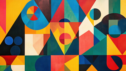 A colorful abstract painting with many shapes and colors