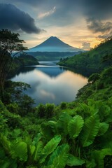 Canvas Print - A mountain range is reflected in a lake. The sky is cloudy and the sun is setting