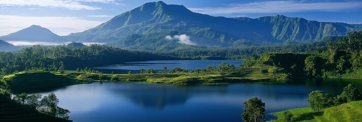 Poster - A beautiful mountain landscape with a lake in the foreground. The lake is surrounded by trees and mountains, creating a serene and peaceful atmosphere. The water is calm and clear