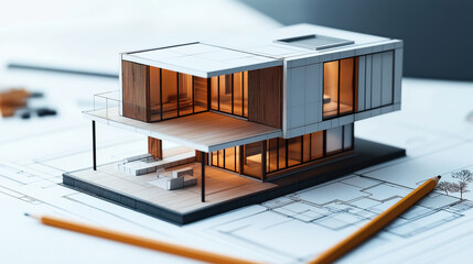 Architectural model of a modern two-story house with large windows and outdoor seating, placed on architectural blueprints with a pencil beside it, in soft focus.