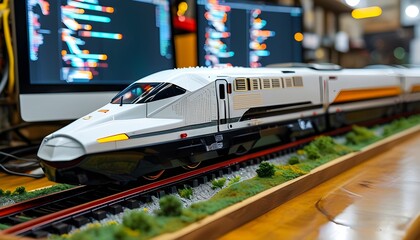 Wall Mural - Innovative 3D Electric Train Model Showcased on Computer Display by Project Manager and Chief Mechanical Engineer in CAD Software