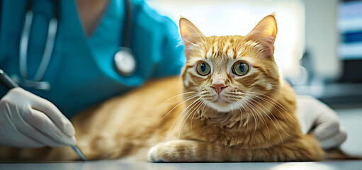 Wall Mural - A veterinary doctor examining a content ginger tabby cat, AI generated