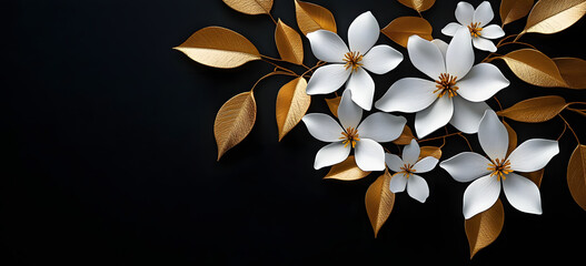 Wall Mural - Stunning white flowers and golden leaves on a black background. Gorgeous white and golden and black luxury floral background.