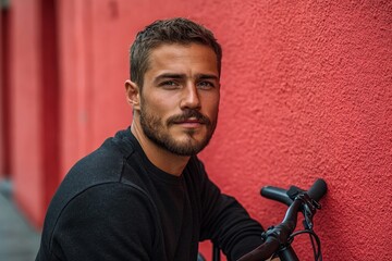 Canvas Print - Man in Black Shirt Leaning on Bicycle against Red Wall