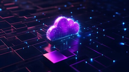 3D illustration of AI technology cloud computing floating above an array of digital blocks data