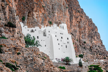 The Monastery of Hozoviotissa, the second oldest monastery in Greece, built in 1017. It is literally hanging on the cliff side 300 m above the sea. In Amorgos Island, Cyclades, Greece.