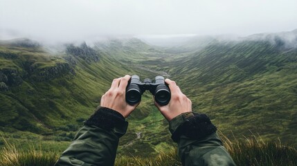 Wall Mural - Exploring the Mountainous Landscape with Binoculars