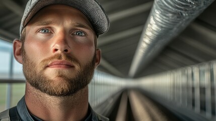 A man with a beard and a hat is standing in a tunnel