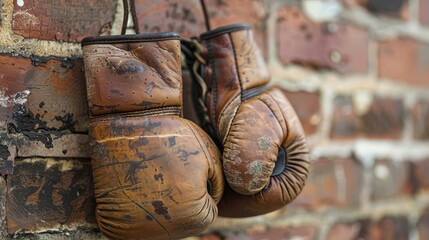 vintage boxing gloves hanging on weathered brick wall powerful sports concept photo