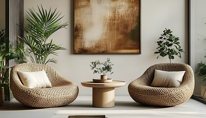 The modern and minimalist interior space, with two woven chairs and a minimalist table, with plant decorations and art paintings in the background, provides a warm and comfortable atmosphere.