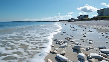 There are white sand and scattered sea water on the beach, and fuzzy buildings and blue sky can be seen in the distance, showing the tranquility and natural beauty of the coast.