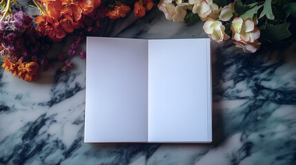 a table with an open note pad next to flowers,