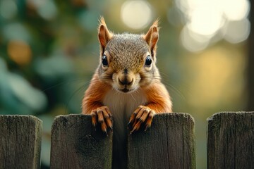 A curious squirrel peeks over a wooden fence with a blurred background of green trees and sunlight.