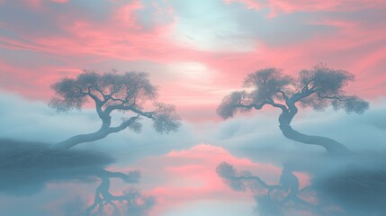 Wall Mural - two trees are reflected in the water, with a pink and blue sky in the background