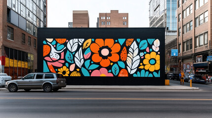 Canvas Print - Colorful floral mural on the side of an urban building featuring large animated flowers and leaves in various vibrant colors. Parked SUV in front and city buildings around.