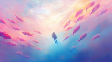 Wall Mural - a person is swimming in a sea of fish
