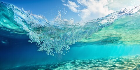 Wall Mural - A wave of water is crashing into the shore. The water is clear and blue, and the sky is cloudy