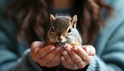 gentle connection between a young woman and a curious squirrel in her hand