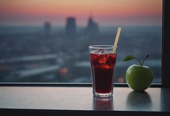 Close-up of a glass with a red-orange sweet and sour cocktail, ice cubes, on the windowsill with a beautiful view from the window of a skyscraper to the night city.