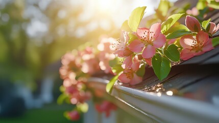  Delicate pink flowers bloom on rooftop edge, bathed in warm sunlight, creating a serene and natural scene of early spring.