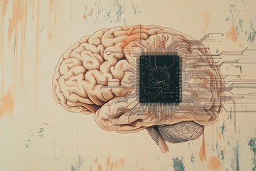 Wall Mural - A brain with a computer chip inside of it