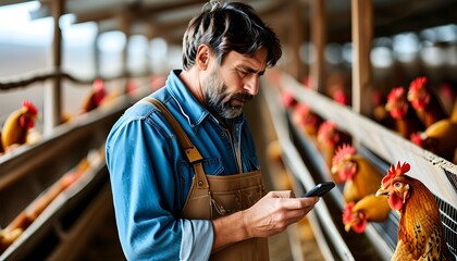 Sticker - Farmer experiencing headaches while using mobile phone in a bustling chicken farm