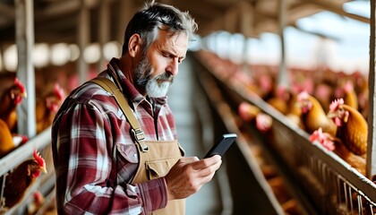 Sticker - Farmer experiencing headaches while using mobile phone in a bustling chicken farm