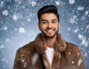 Wall Mural - Winter Portrait of Happy Handsome Man Smiling Outdoors