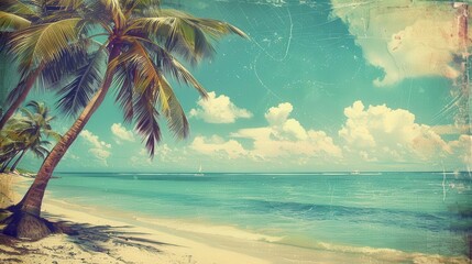 Wall Mural - vintage tropical beach with palm trees and blue sky summer travel concept