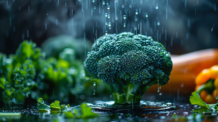 Wall Mural - Close-up of fresh broccoli on a dark stone table in drops of water against a background of vegetables. The concept of food, proper nutrition.