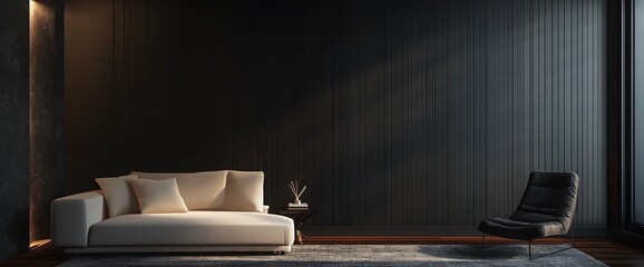 Poster - Minimalist living room with a large sectional sofa and a chair, featuring a dark wooden wall and a large window.