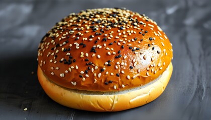 Golden brown hamburger buns topped with sesame seeds, freshly baked and presented from a top view