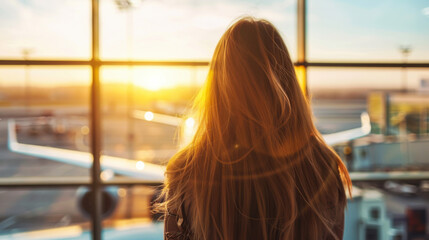 Wall Mural - Rear view of a young blonde woman against the backdrop of a panoramic window overlooking the sunset runway. Travel concept.