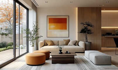 Wall Mural -  Japandi, scandinavain interior design of modern living room. 