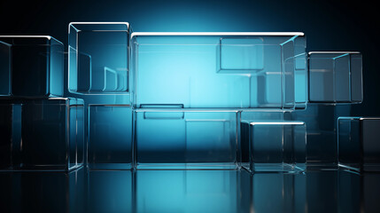 A blue background with a series of clear cubes