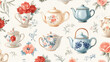 © Yuly - A floral patterned wallpaper with teapots and cups
