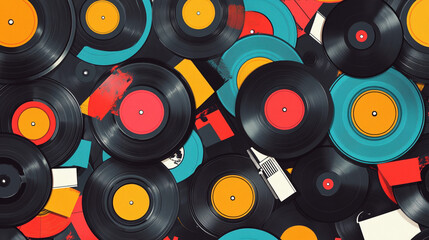 Wall Mural - A collection of old records with a colorful background