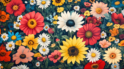 Wall Mural - A colorful field of flowers with a blue background