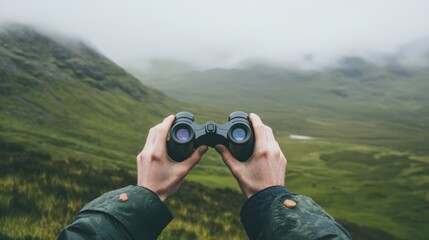 Canvas Print - Man Looking Through Binoculars at Misty Mountain View