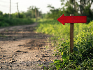 A bright red arrow sign pointing left on a dirt road, surrounded by lush greenery and natural lighting, inviting exploration.