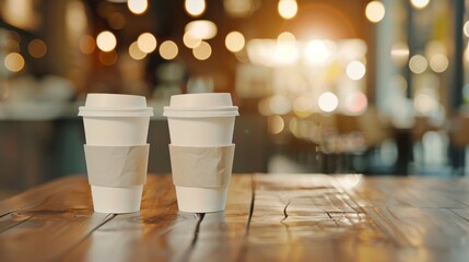 Two cups of coffee sit on a wooden table in a cafe