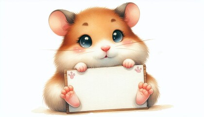 A charming watercolor illustration of an adorable hamster holding a blank sign with tiny paws. This cute and cuddly hamster is perfect for a variety of uses, from greeting cards to social media posts.