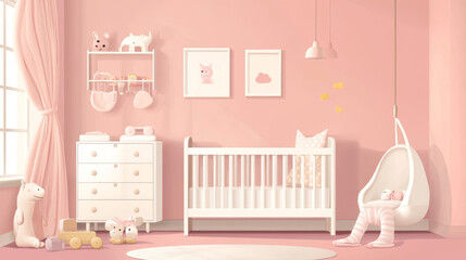 A cute baby girl's room with pink walls and white furniture. The room has toys, curtains, and pajamas. It's a simple, flat design.